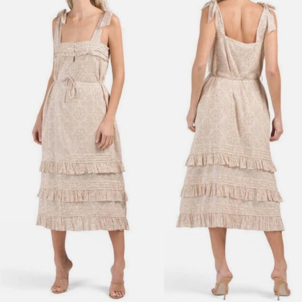Cleobella Zane Tiered Ruffle Midi Dress Women's Size Large Tie Shoulders - Picture 1 of 10